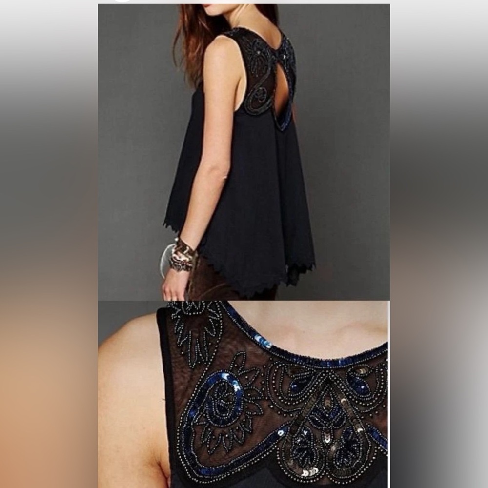 Free People Sleeveless empire Embellished beaded Neckline navy S sheer blouse